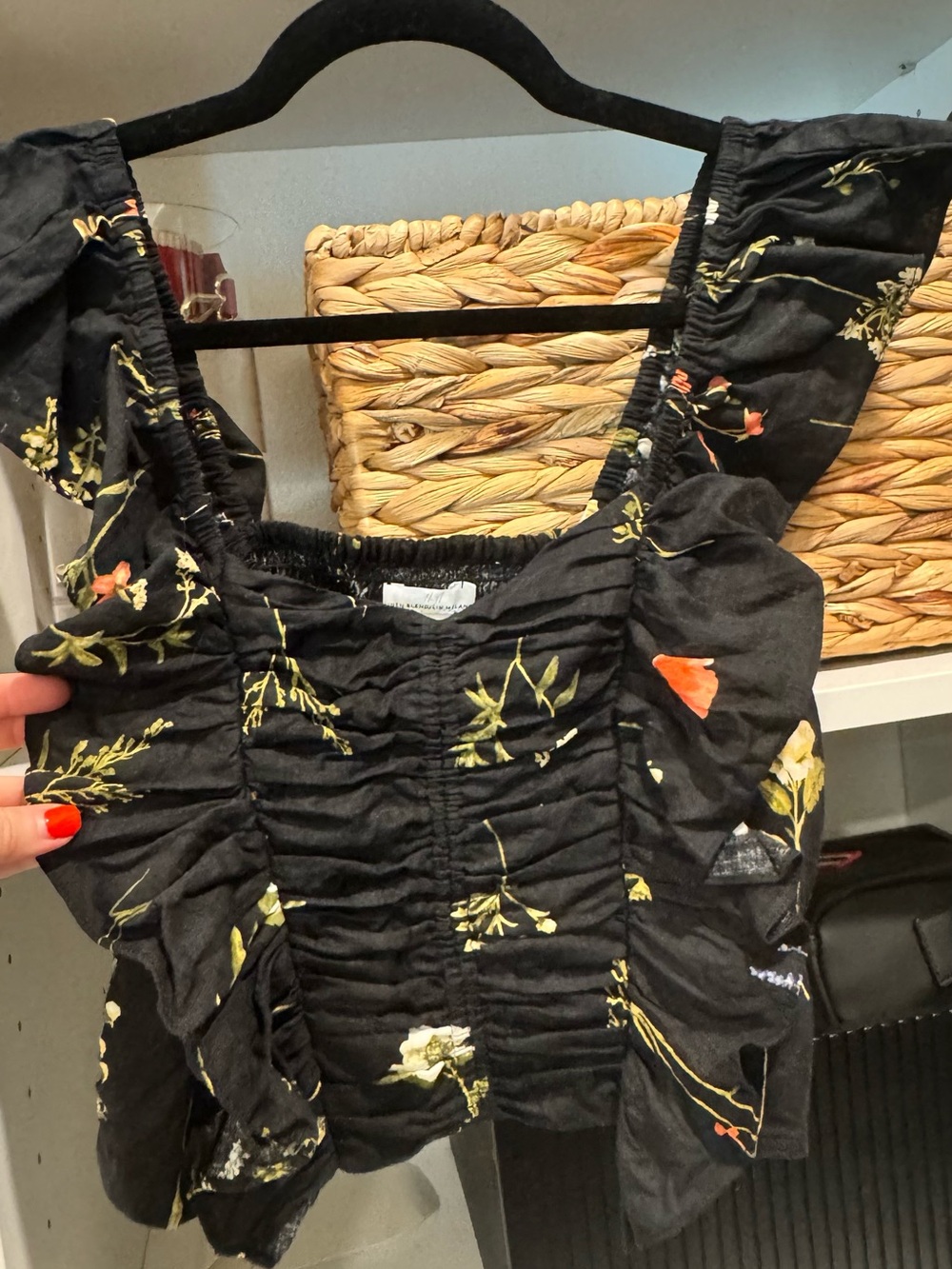 H&M Black Floral Smocked Ruffle Crop Top